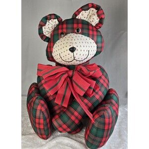 Christmas Plaid Hand-Made Fabric Teddy Bear Well Made Unique Design 16x11.5"